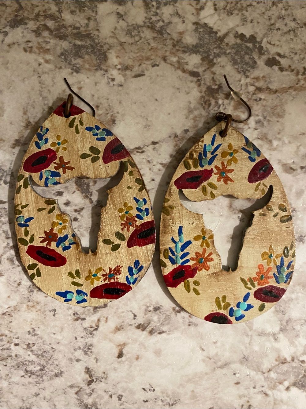 Hand-Painted Bull Silhouette Teardrop Earrings - Red & Blue Floral
